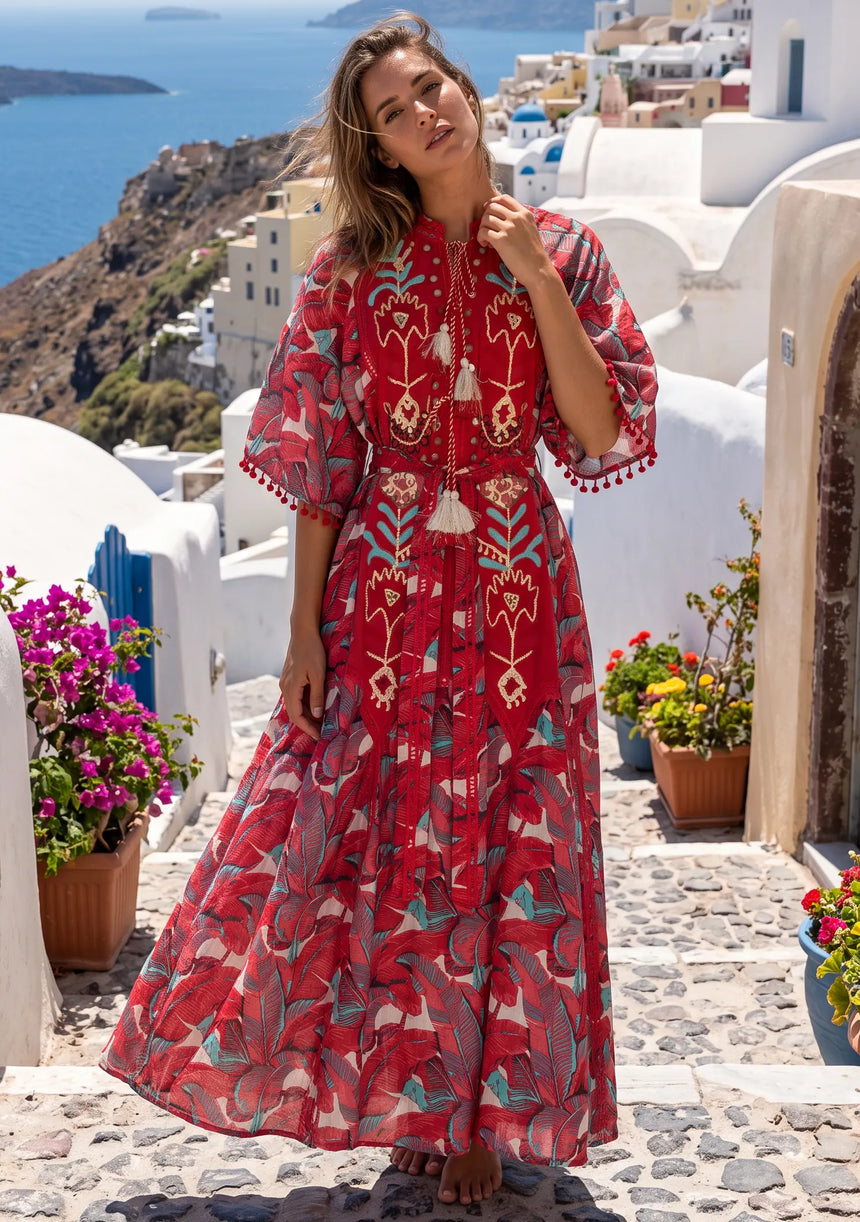 ibBan Embroidered Boho Cotton Maxi Dress with Tassel Tie - Fabiza