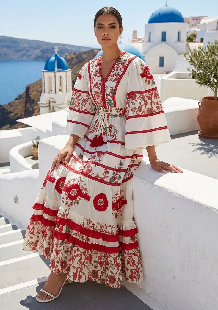 Women's Hand Embroidered Soft Luxury Cotton Maxi Dress V-Neck- Marashi