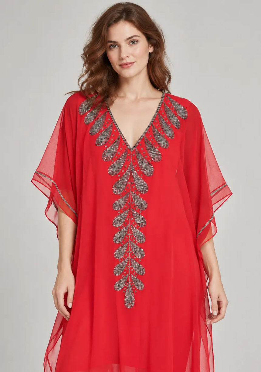 ibBan Women’s Hand Embroidered Georgette Kaftan Dress -Tanzeen