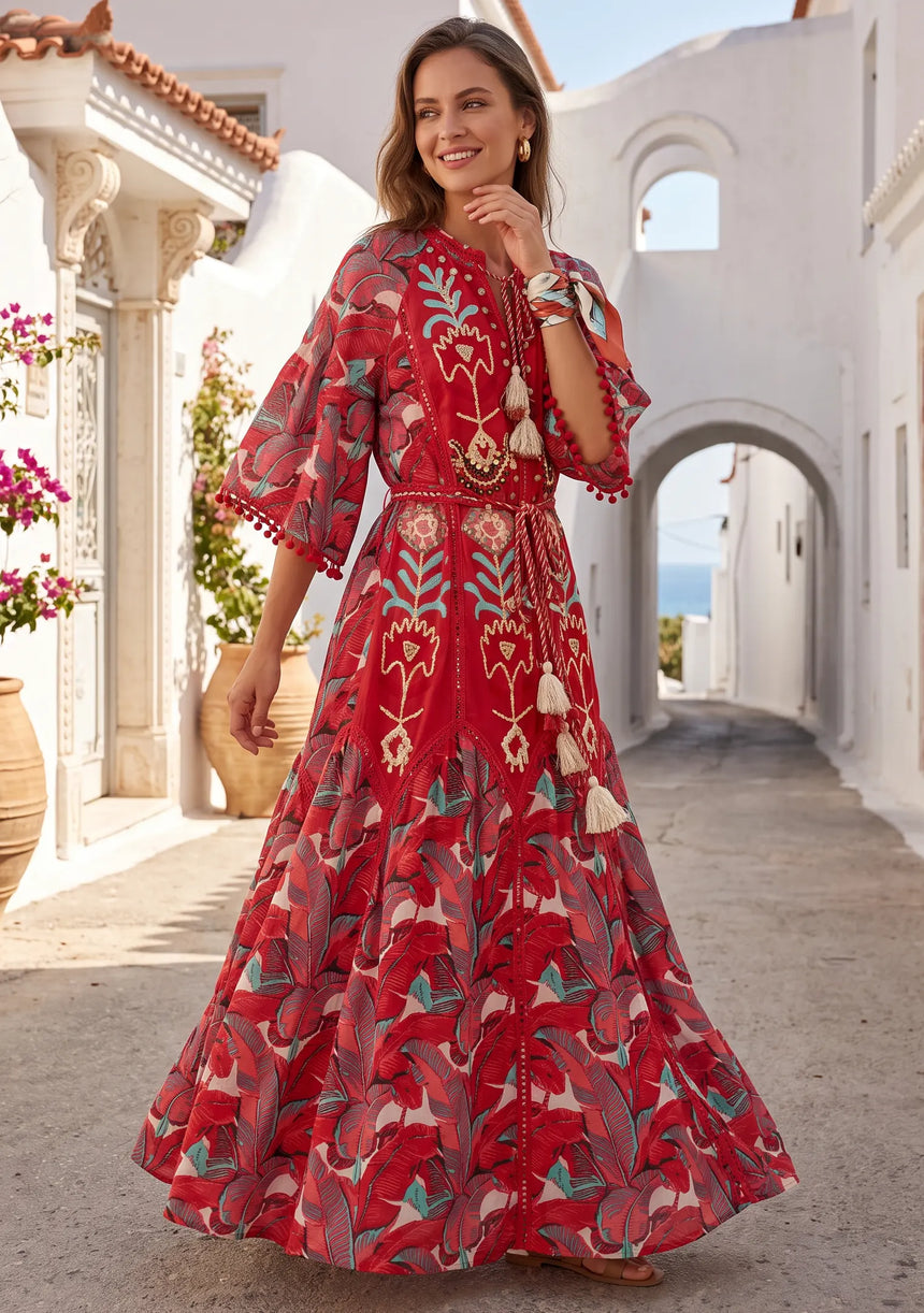 ibBan Embroidered Boho Cotton Maxi Dress with Tassel Tie - Fabiza