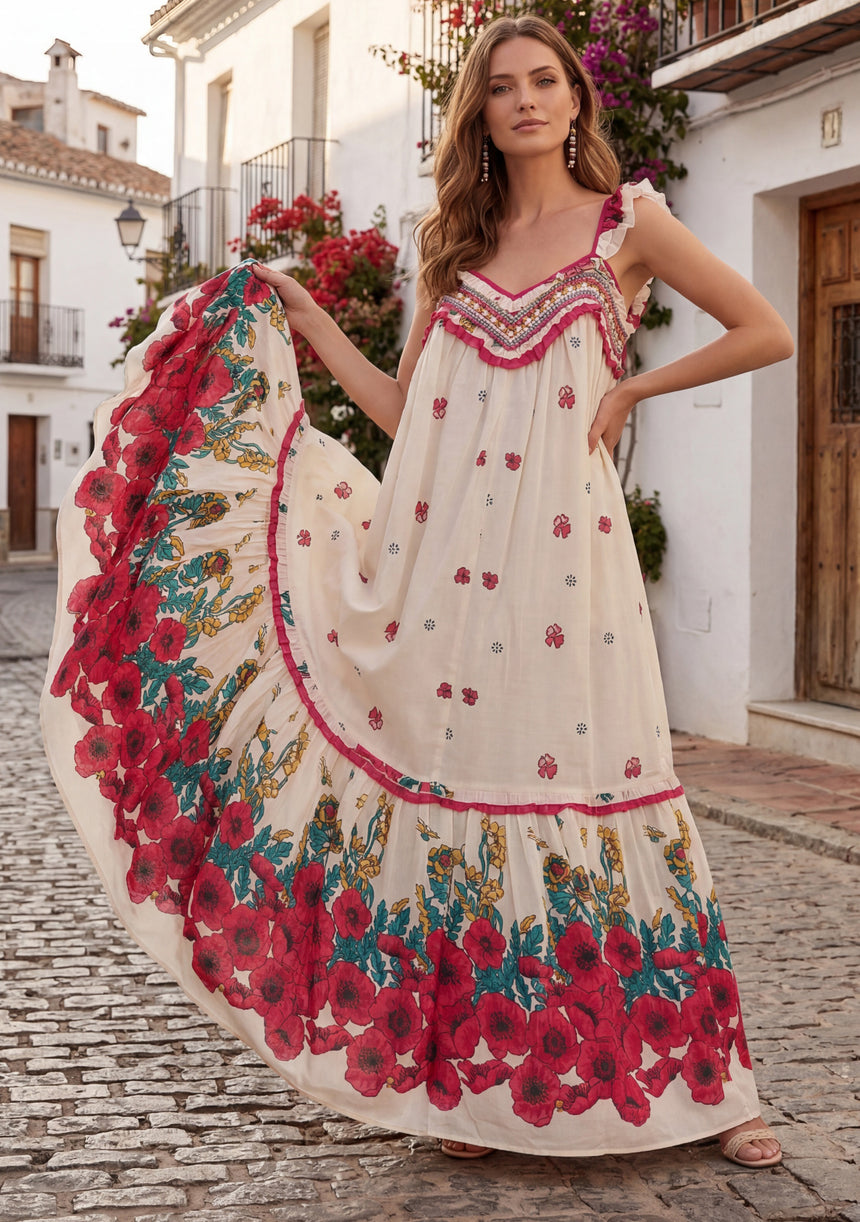Maxivestido de algodón con cuello redondo para mujer - Sola