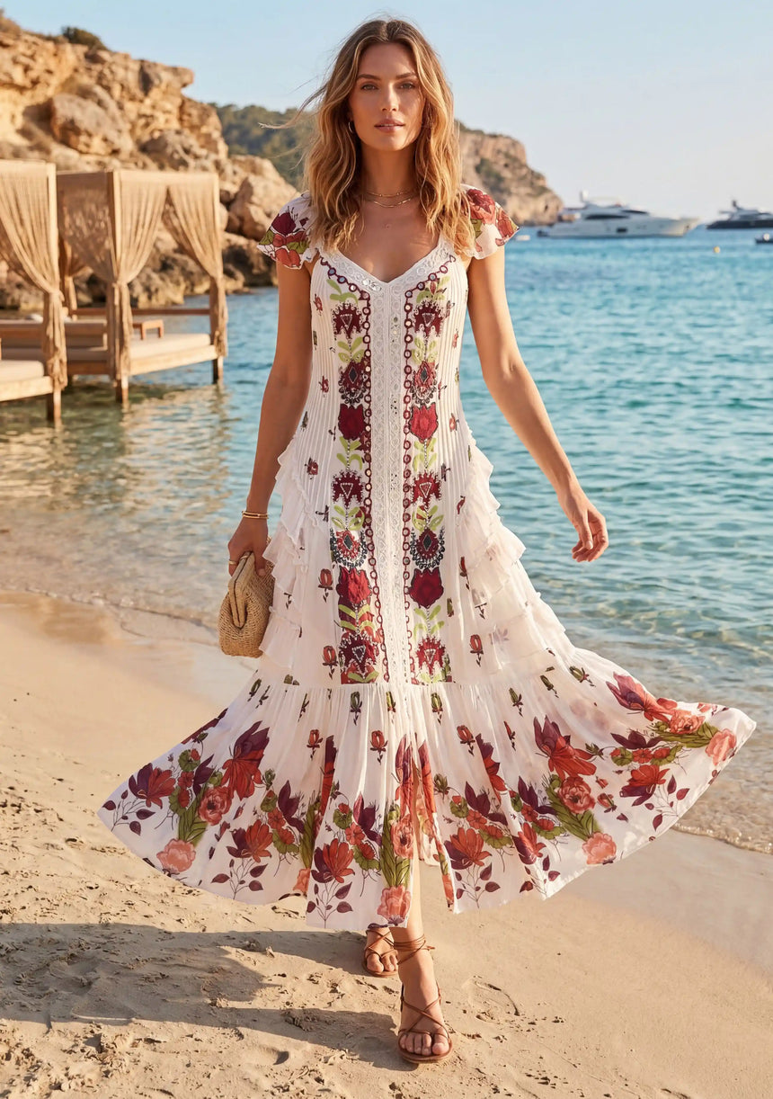 Vestido Maxi de Algodón con Cuello Drapeado para Mujer - Naira