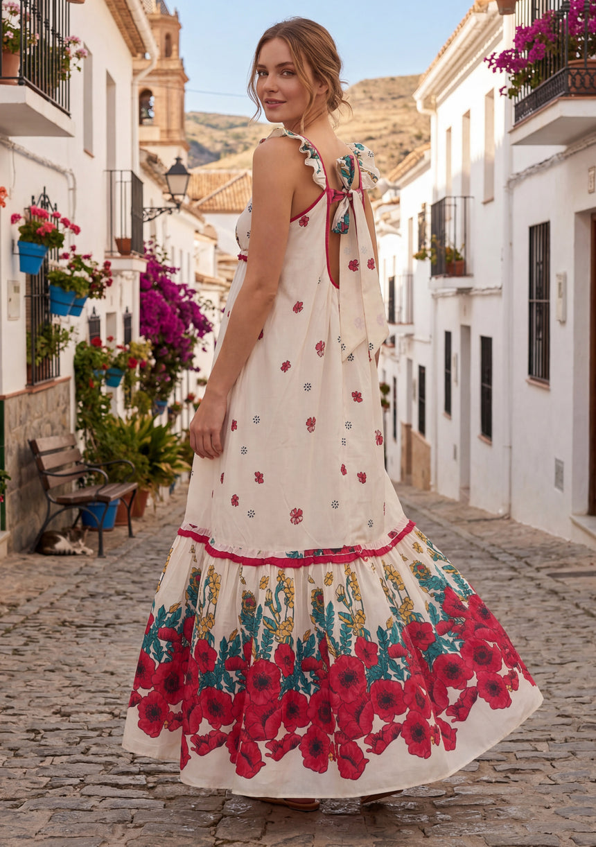 Maxivestido de algodón con cuello redondo para mujer - Sola