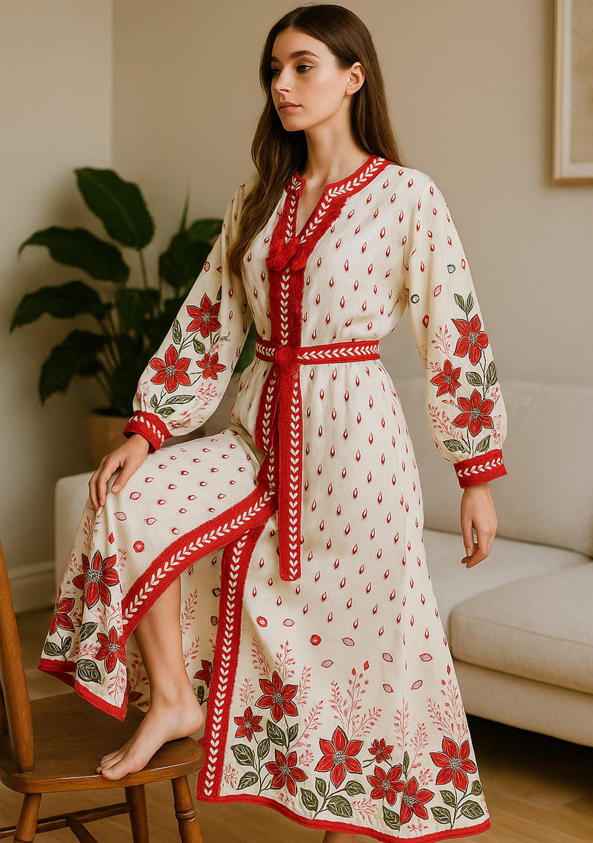 ibBan Premium Printed Cotton Long Dress with Hand Embroidery -Farhat Long Dress