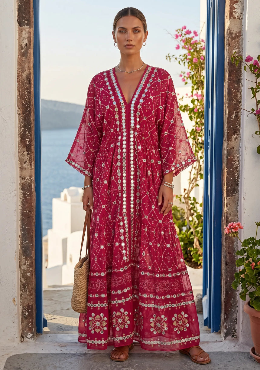 ibBan Hand Embroidered Cotton Maxi Dress | Luxury Boho Resort -Fabiya