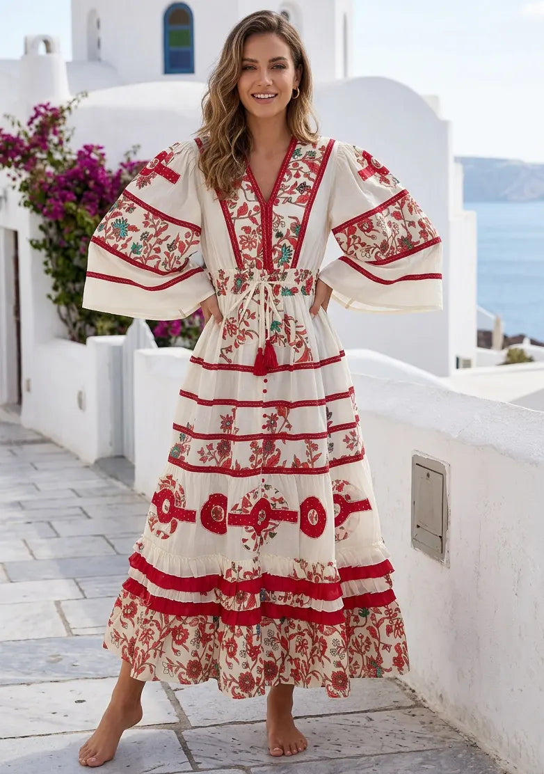 Women's Hand Embroidered Soft Luxury Cotton Maxi Dress V-Neck- Marashi