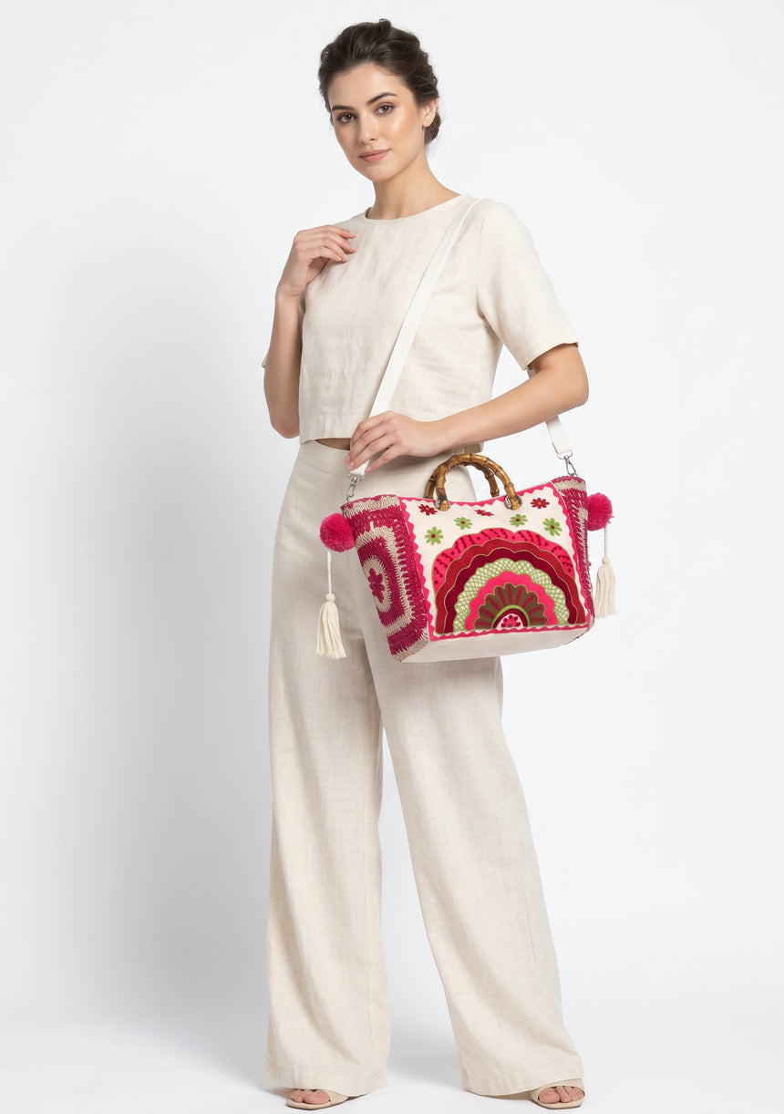 ibBan Women's Hand Embroidered Tote Bag - Sara | Artisan Canvas Handbag