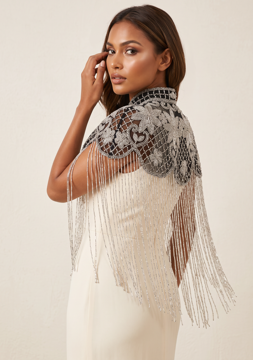 Beaded Net Neck Cape with Fringe - Misk