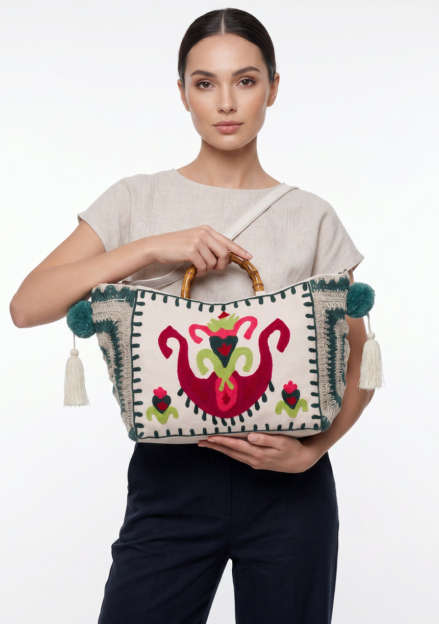 ibBan Women's Hand Embroidered Tote Bag - Sona | Artisan Canvas Handbag