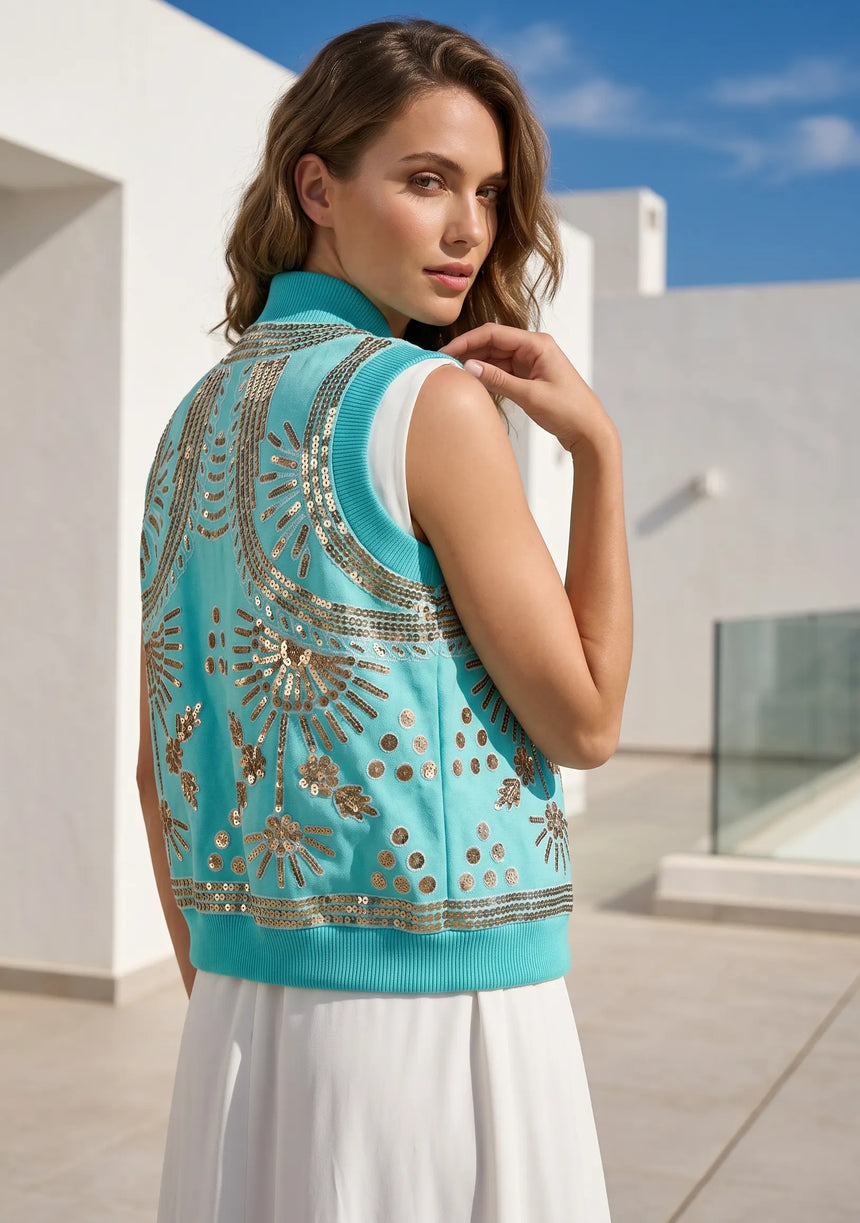 ibBan Hand Embroidered Cotton Canvas Gilet | Luxury Women's Statement Vest - Yara