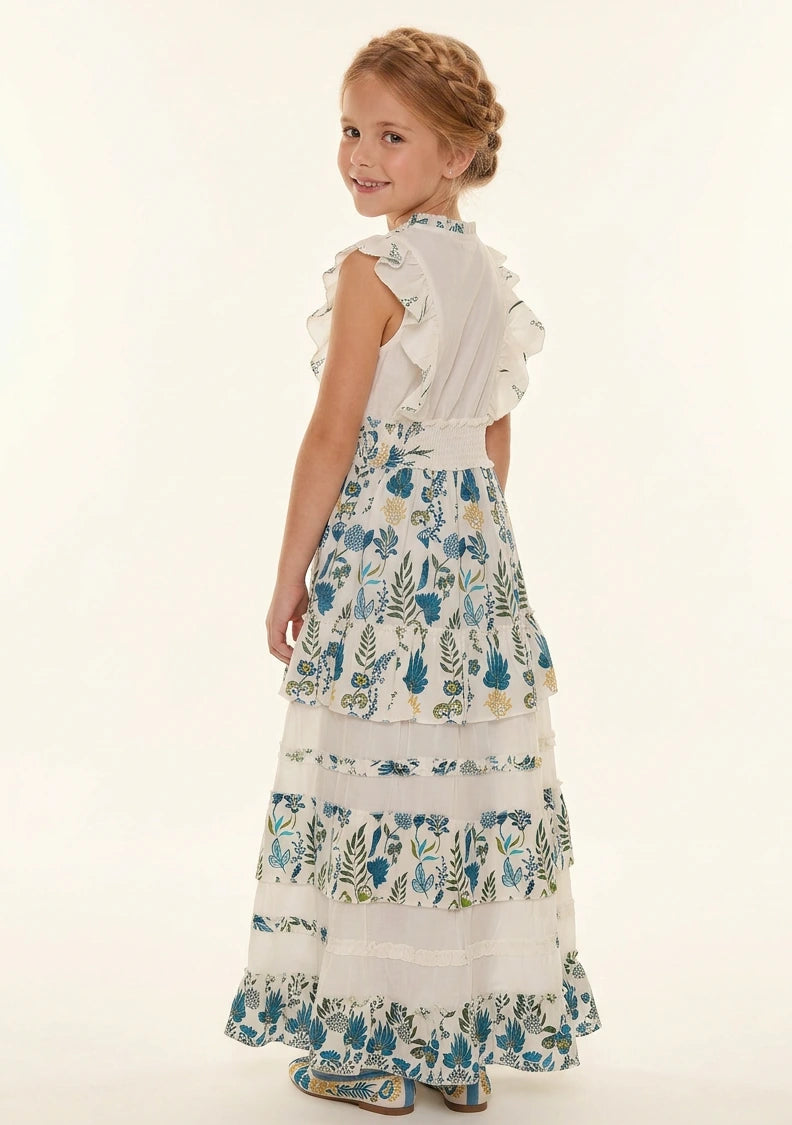 Vestido largo de algodón con cuello en V para niña - Aina