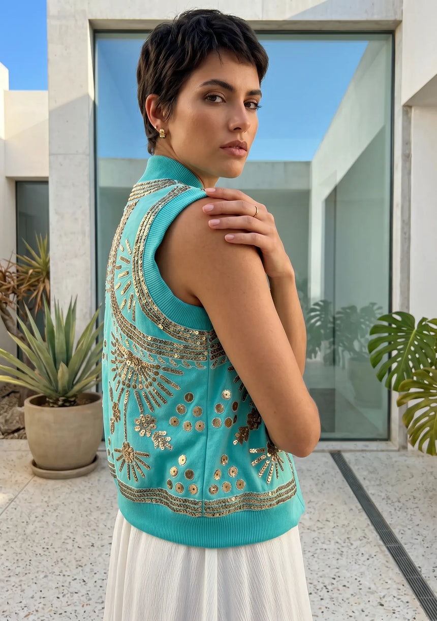 ibBan Hand Embroidered Cotton Canvas Gilet | Luxury Women's Statement Vest - Yara