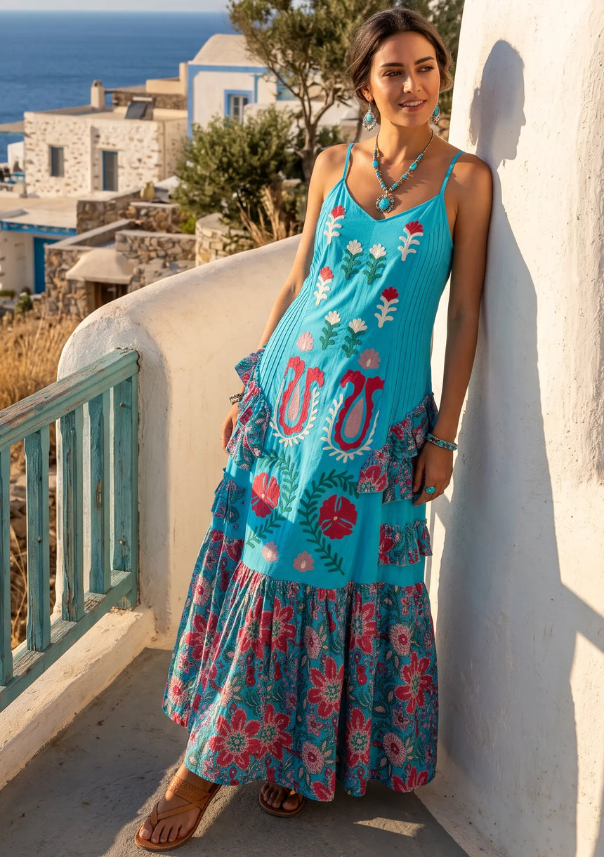 ibBan Embroidered Cotton Strap Maxi Dress with Floral Print - Huwa