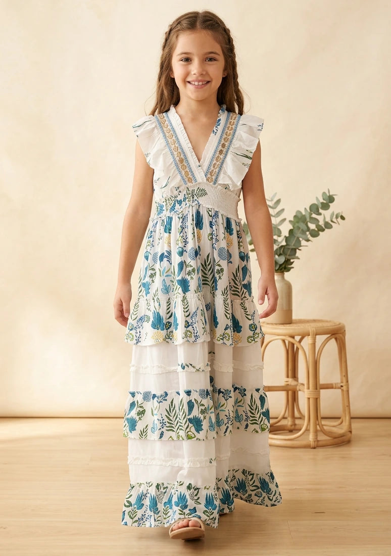 Vestido largo de algodón con cuello en V para niña - Aina