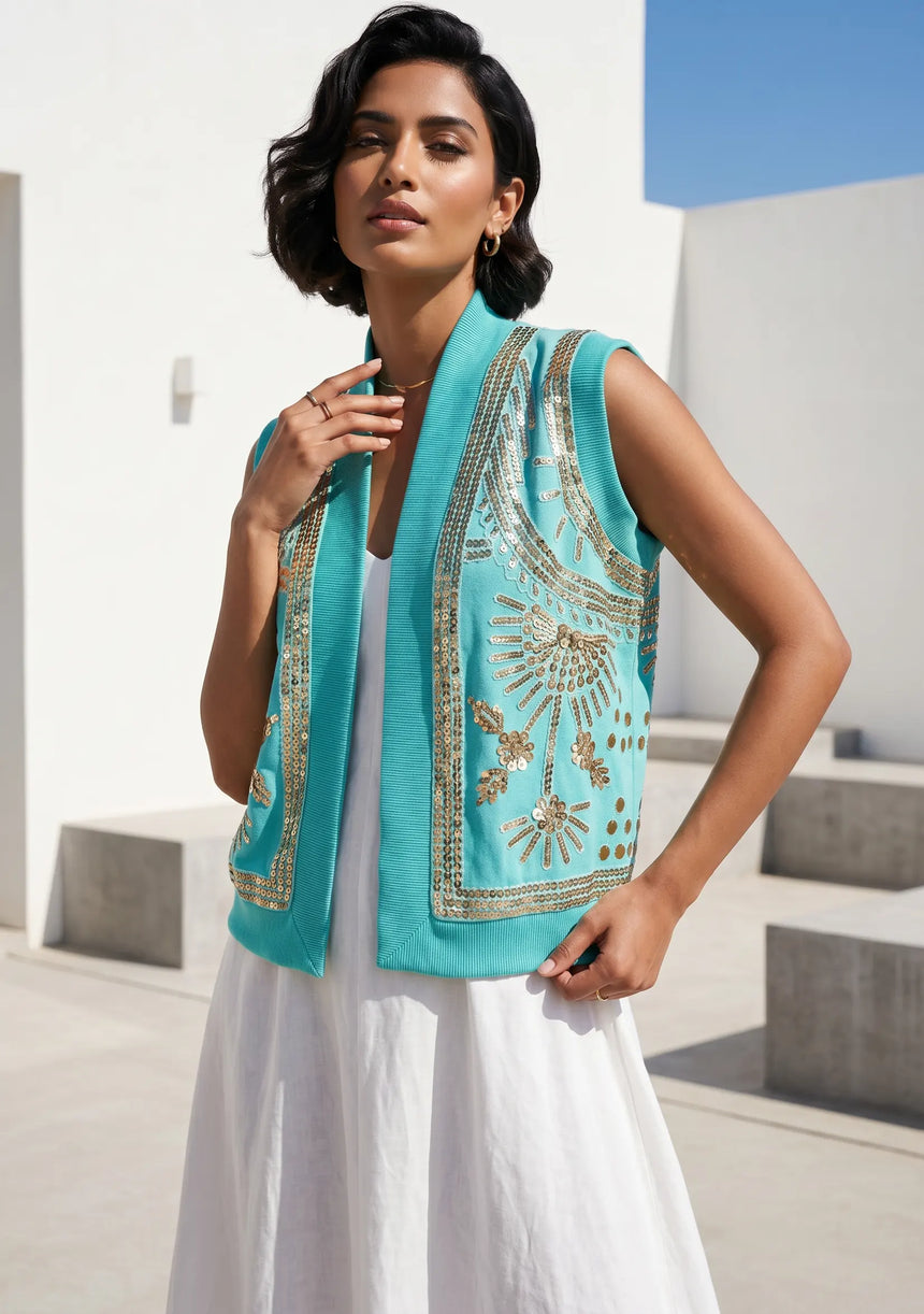 ibBan Hand Embroidered Cotton Canvas Gilet | Luxury Women's Statement Vest - Yara