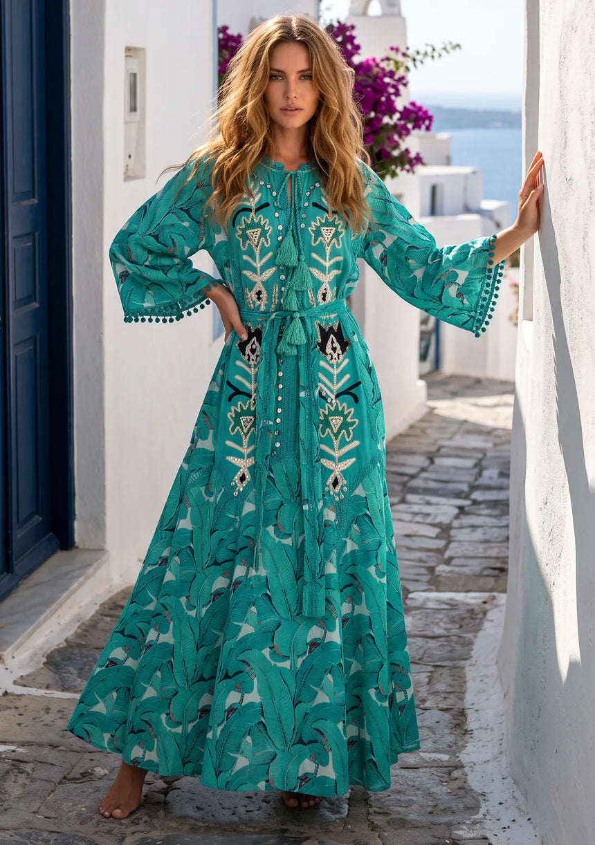 ibBan Embroidered Boho Cotton Maxi Dress with Tassel Tie - Fabiza