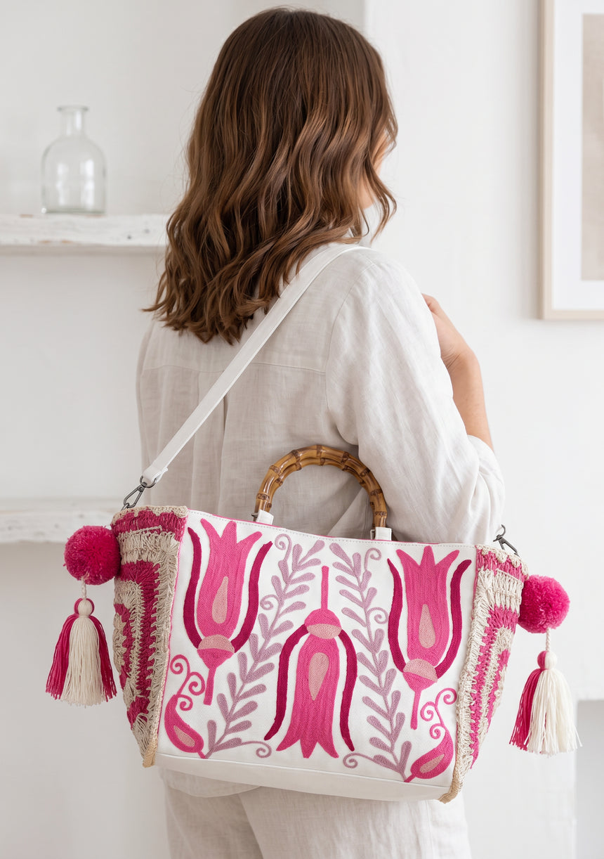 ibBan Women's Hand Embroidered Floral Tote Bag - Vesana | Artisan Canvas Handbag