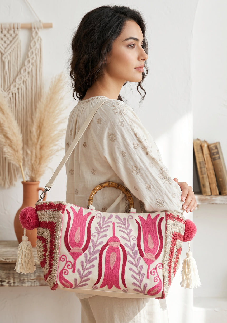 ibBan Women's Hand Embroidered Floral Tote Bag - Vesana | Artisan Canvas Handbag