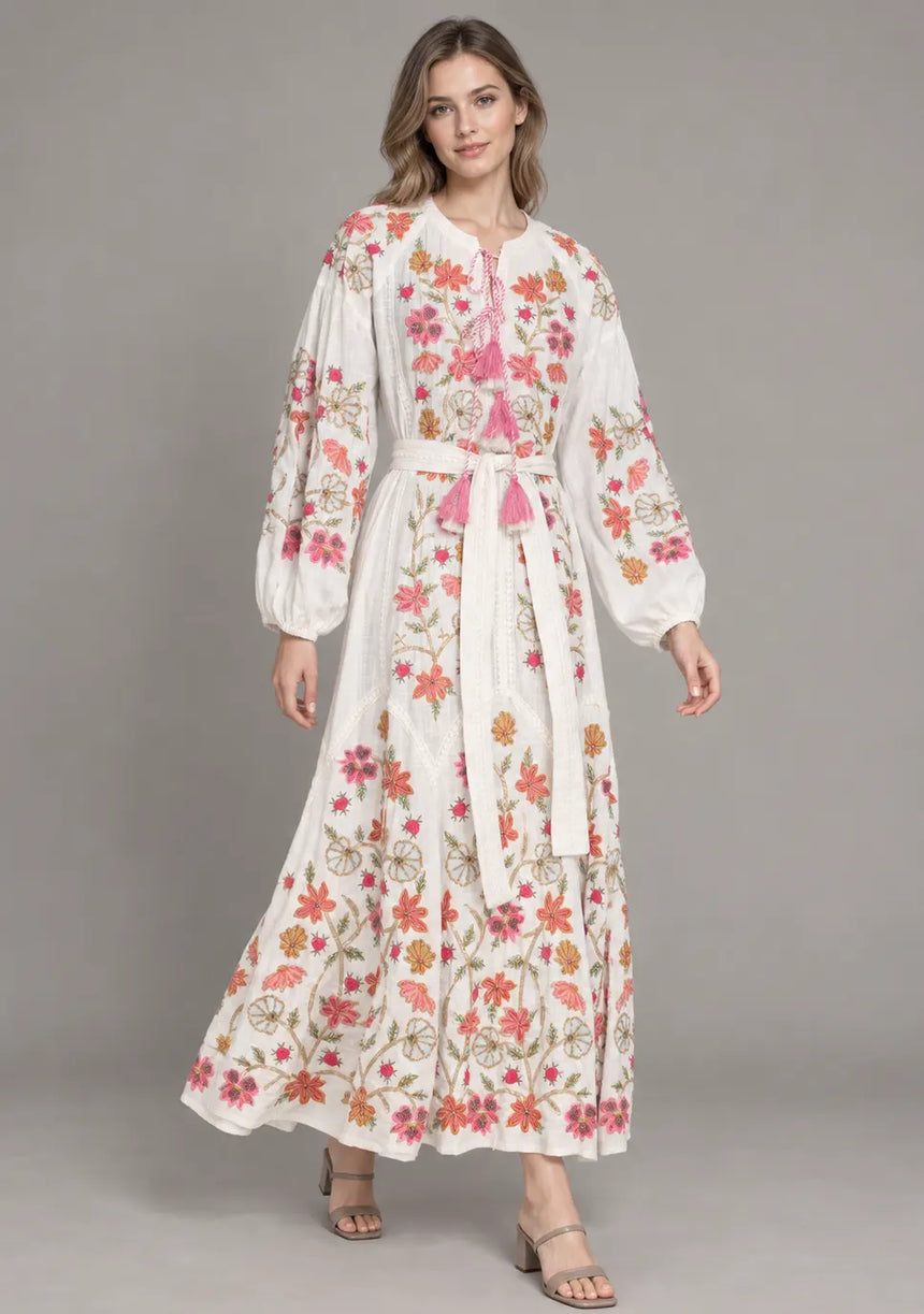 ibBan Floral Embroidered Maxi Dress with Tassel - Ravila