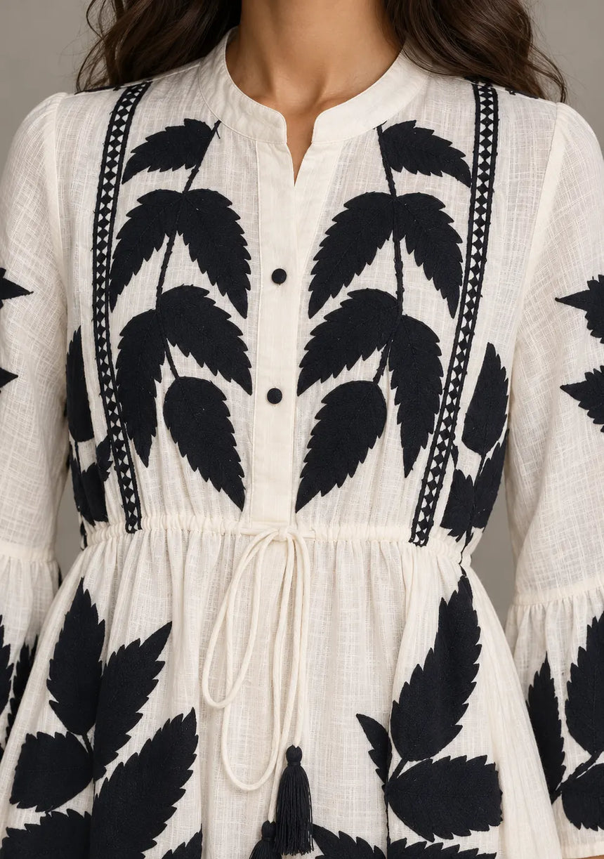 ibBan Leaf Print Cotton Maxi Dress with Tassel Tie - Livia