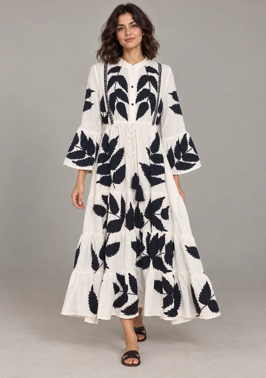 ibBan Leaf Print Cotton Maxi Dress with Tassel Tie - Livia