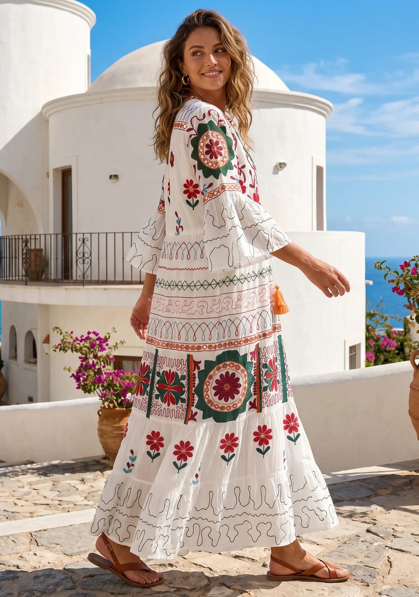Women's Hand Embroidery Cotton Long Tunic Dress with Embroidery | ibBan - Orla
