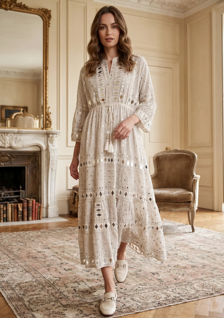 ibBan Women's Hand Embroidered Long Tunic Dress -Corina Long Tunic