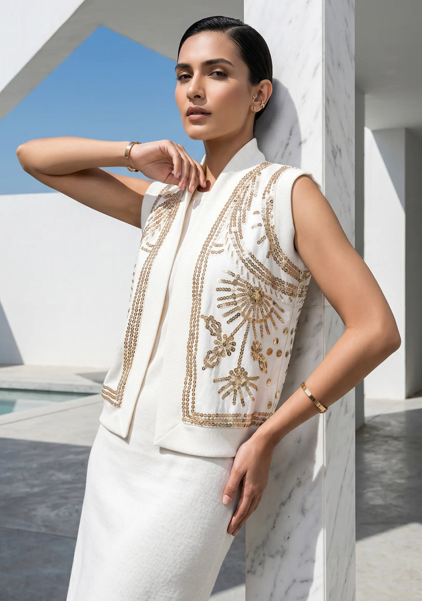 ibBan Hand Embroidered Cotton Canvas Gilet | Luxury Women's Statement Vest - Yara