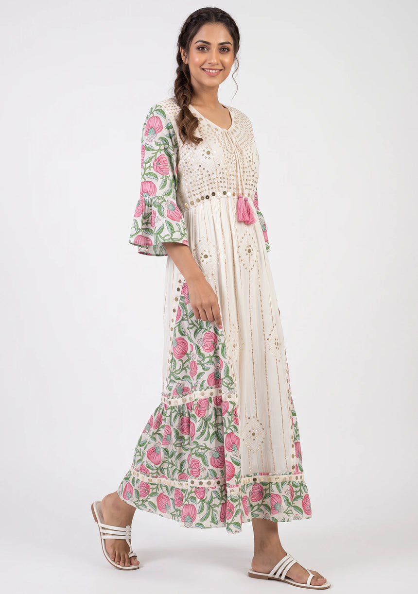 ibBan Floral Cotton Maxi Dress with Bell Sleeves - Jumani