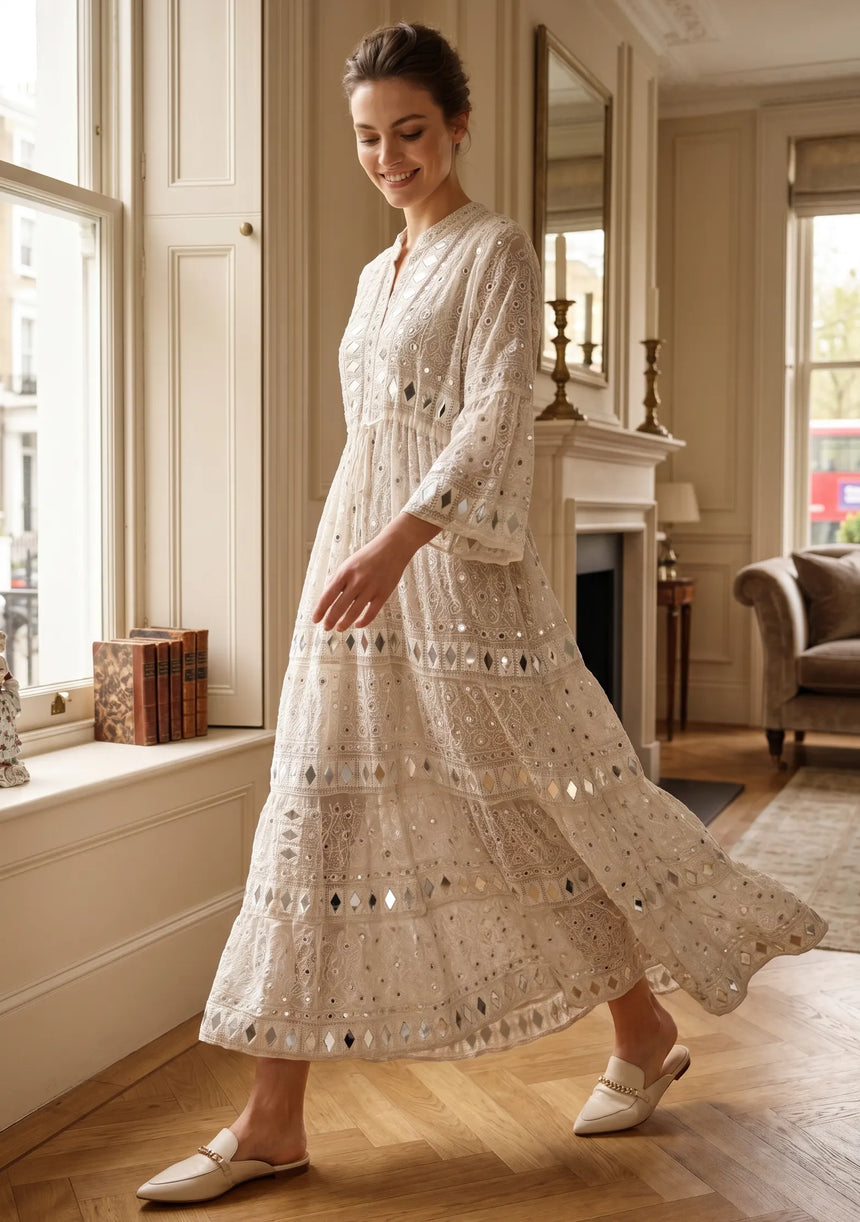 ibBan Women's Hand Embroidered Long Tunic Dress -Corina Long Tunic