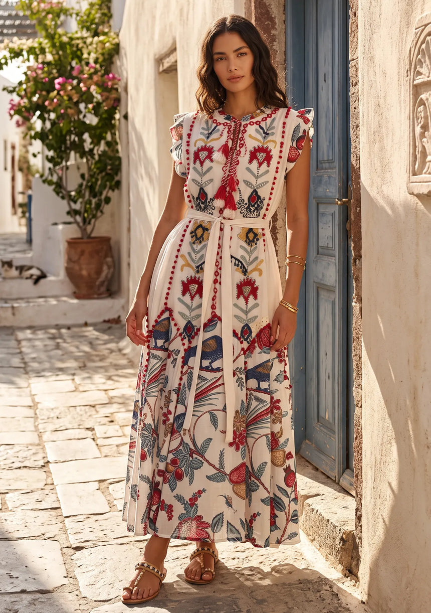 ibBan Hand-Embroidered Cotton Long Dress with Floral Print - Rasha