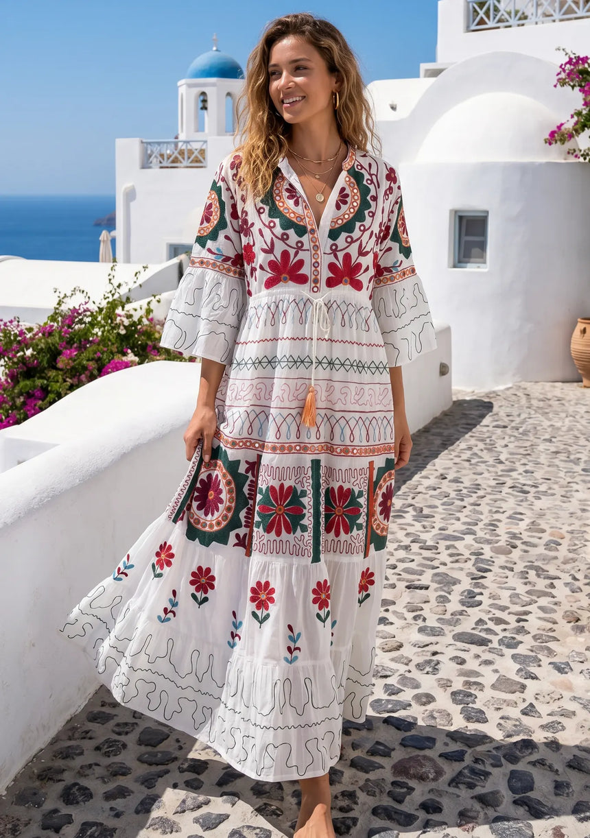 Women's Hand Embroidery Cotton Long Tunic Dress with Embroidery | ibBan - Orla