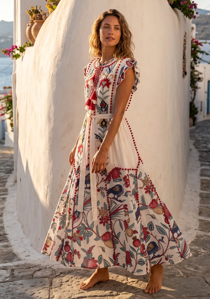 ibBan Hand-Embroidered Cotton Long Dress with Floral Print - Rasha