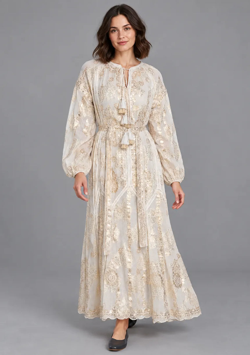 ibBan Floral Lurex Cotton Long Dress - Mavi