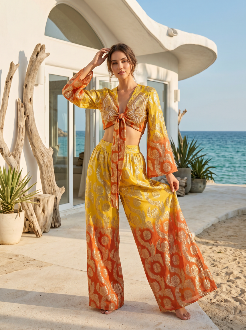 ibBan Lurex Cotton Pant & Blouse Set with Hand Embroidery -Kunama Pant Blouse