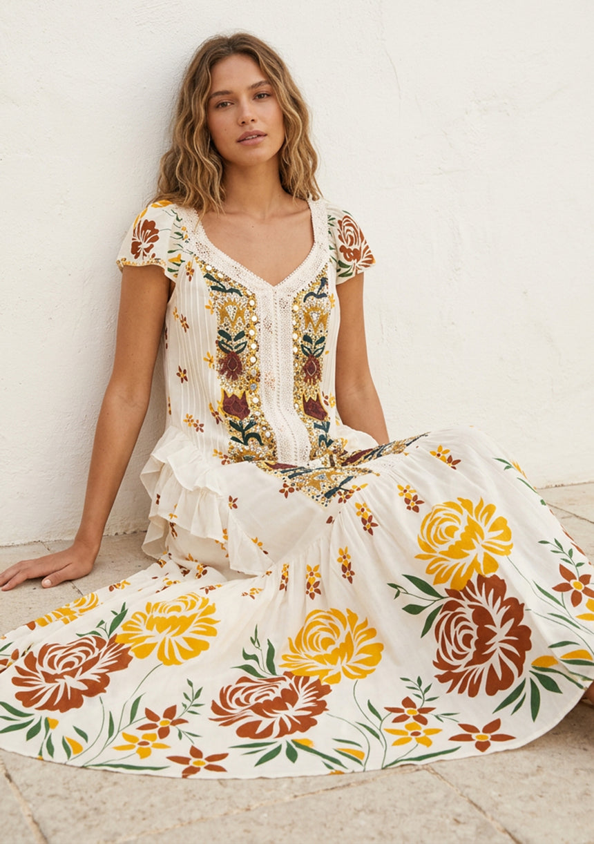 ibBan Hand Embroidered Floral Cotton Maxi Dress -Saira Maxi Dress