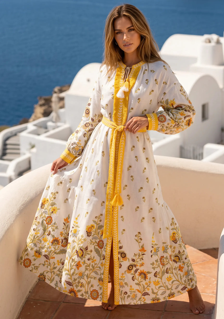 ibBan Printed Cotton Maxi Dress with Hand Embroidery | Luxury Resort Wear - Aizal long dress