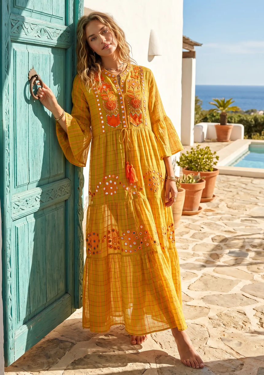 ibBan Premium Cotton Hand Embroidered Long Tunic Dress | Women's Boho Dress - Yamba Tunic