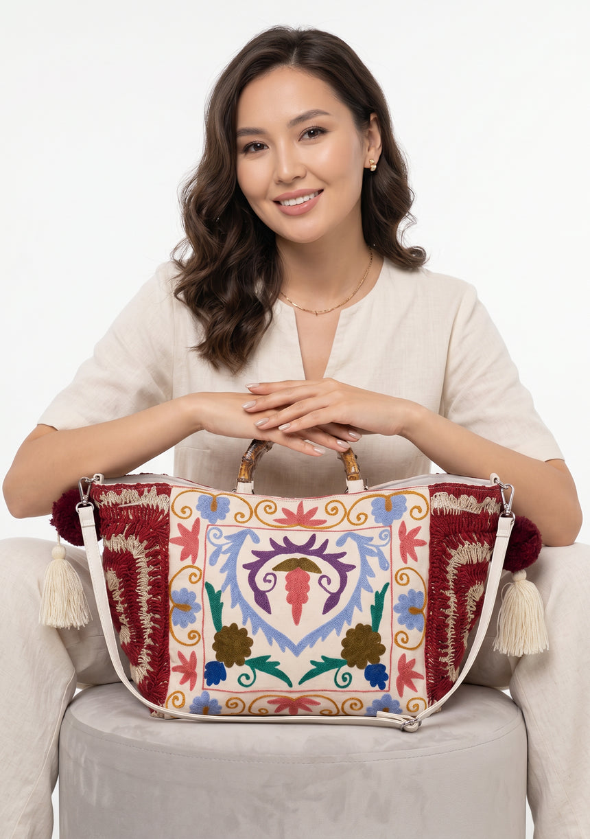 ibBan Women's Hand Embroidered Tote Bag - Ziva | Artisan Canvas Handbag