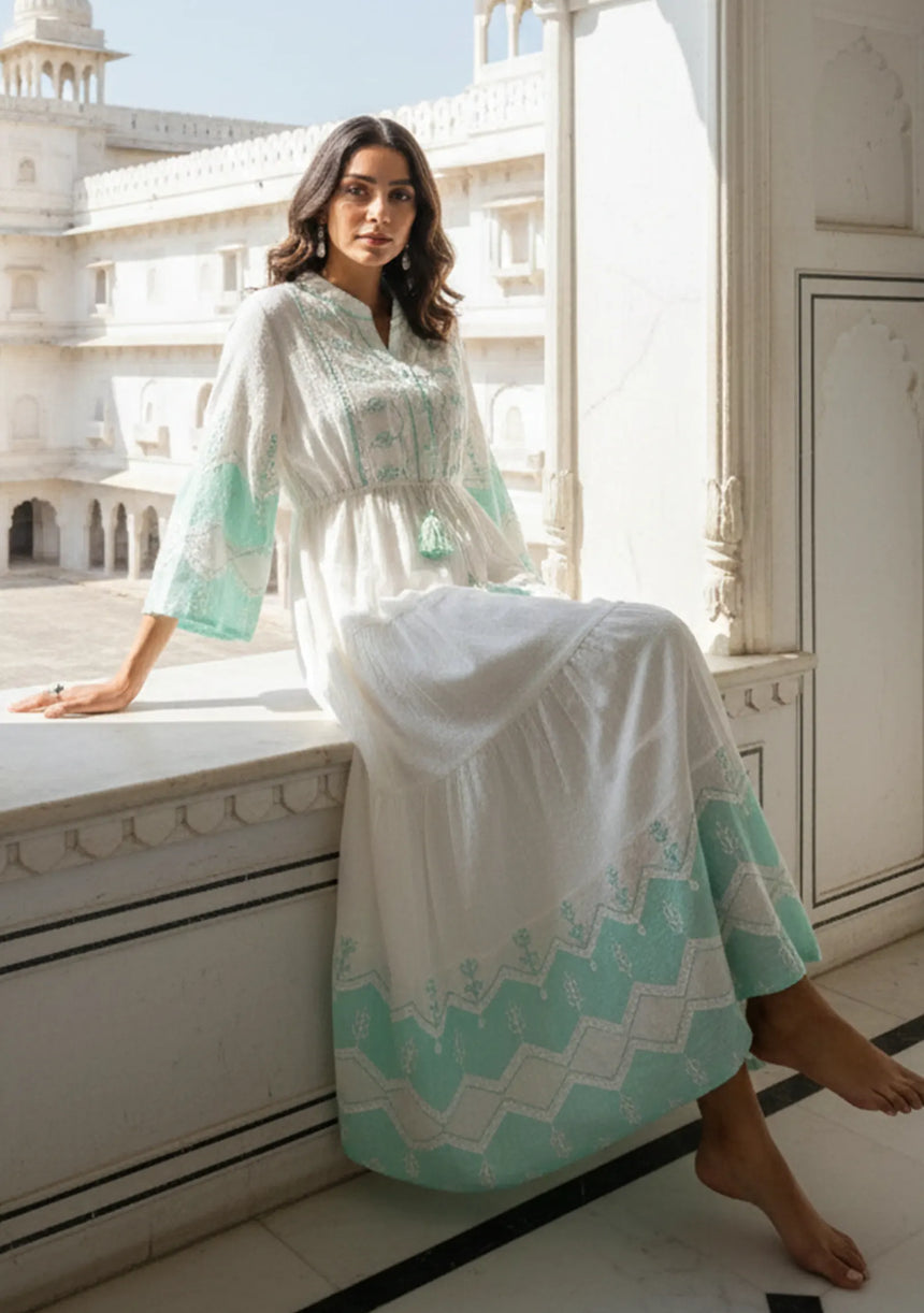 ibBan Cotton Long Tunic Dress with Hand Embroidery - Hira Long Tunic