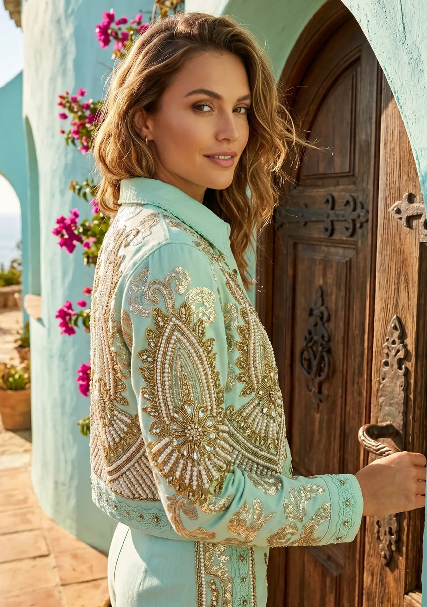 ibBan Hand Embroidered Jacket | Luxury Beaded Cotton Canvas Organza Jacket - Vidha