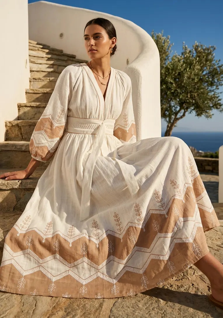 IbBan Women's Cotton Embroidered Long Dress | ibBan Luxury Resort Wear - Hira