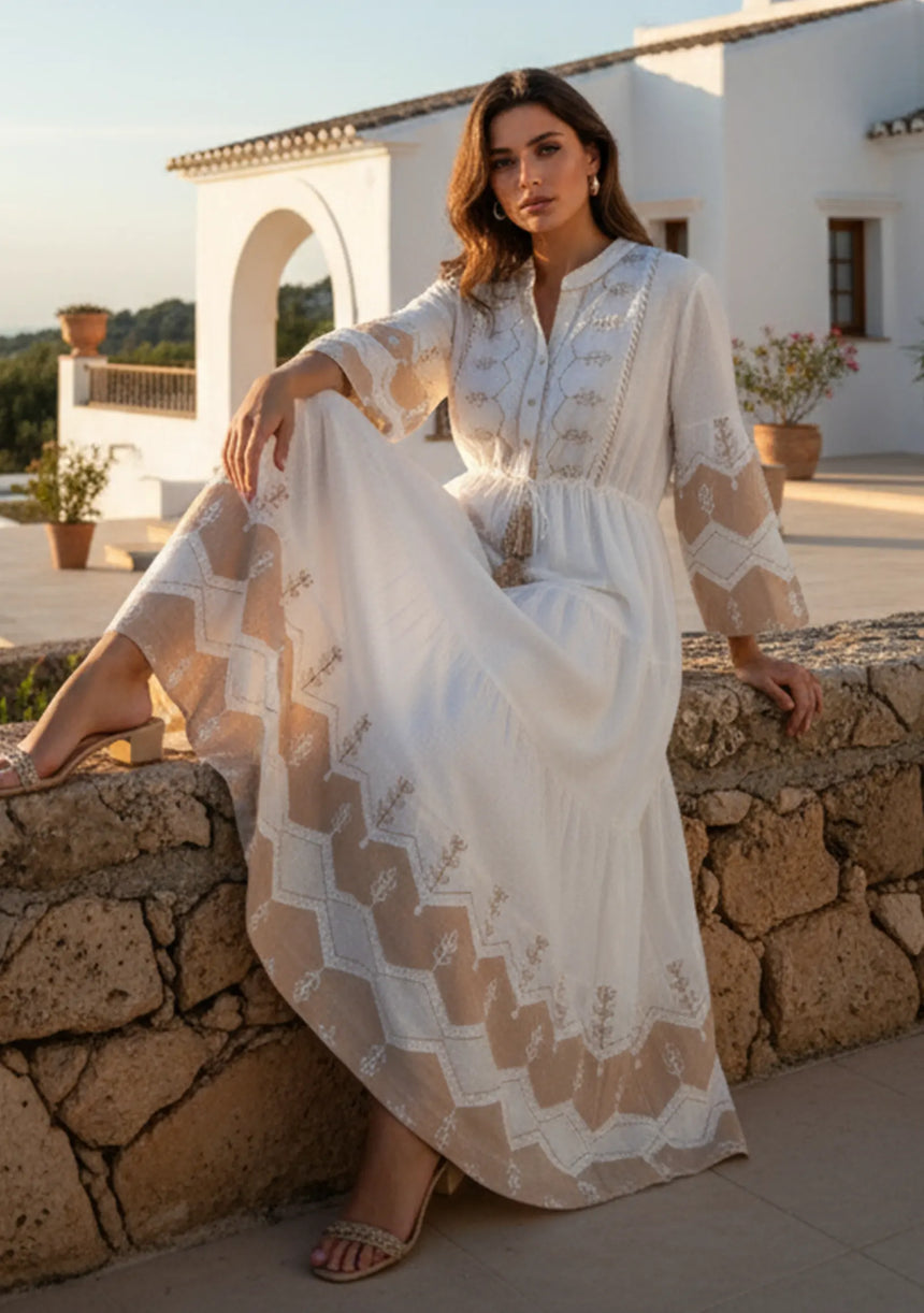 ibBan Cotton Long Tunic Dress with Hand Embroidery - Hira Long Tunic