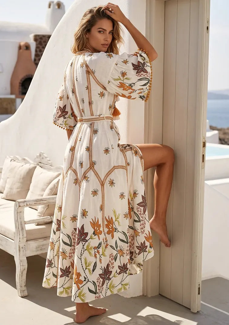 Women's Hand Embroidered Luxury Cotton Long Dress Round Tie-Up Neck - Ashira