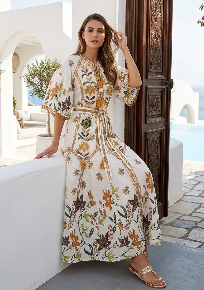 Women's Hand Embroidered Luxury Cotton Long Dress Round Tie-Up Neck - Ashira