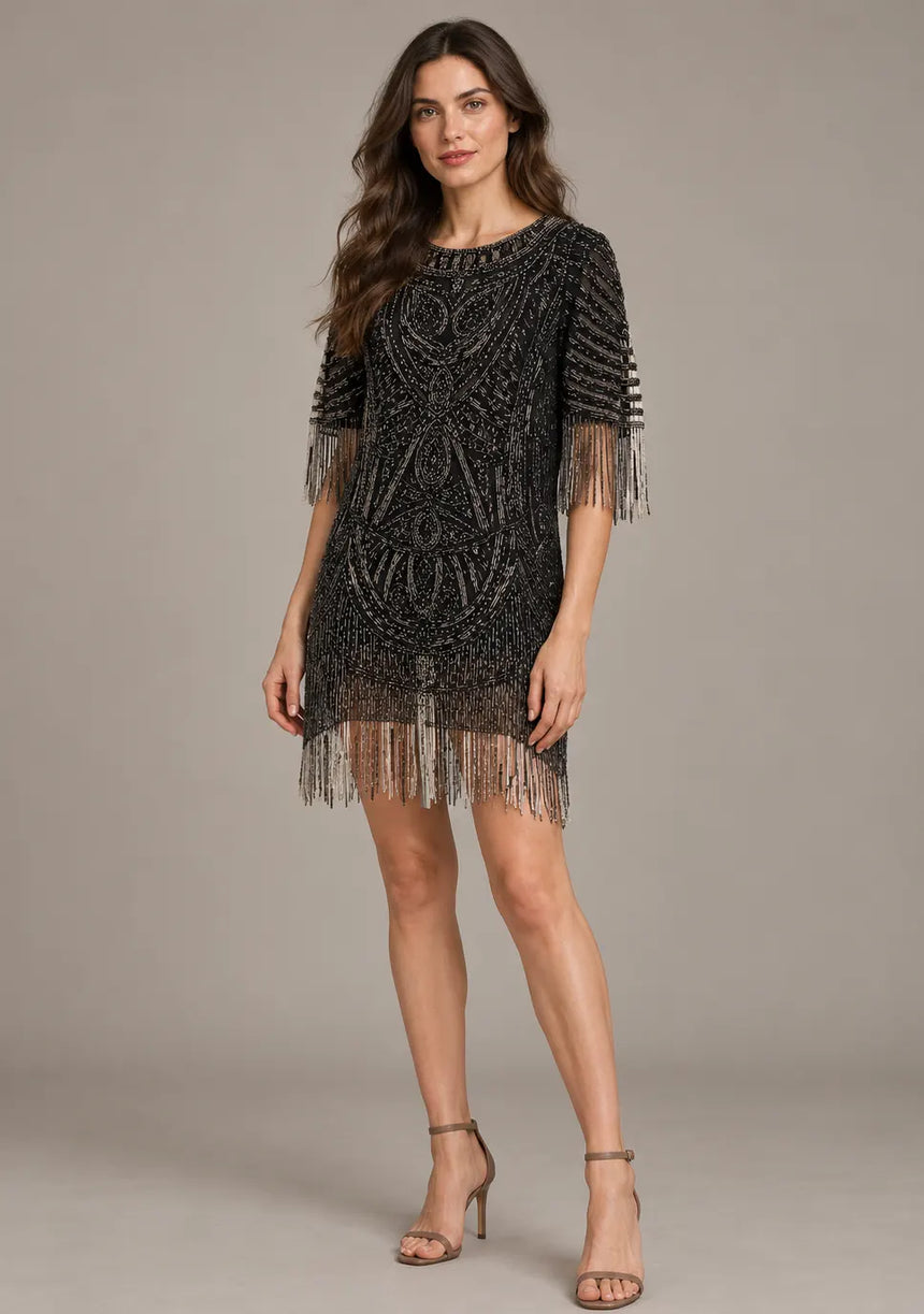 ibBan Party Short Dress with Beadwork & Fringe Sleeves - Esmi