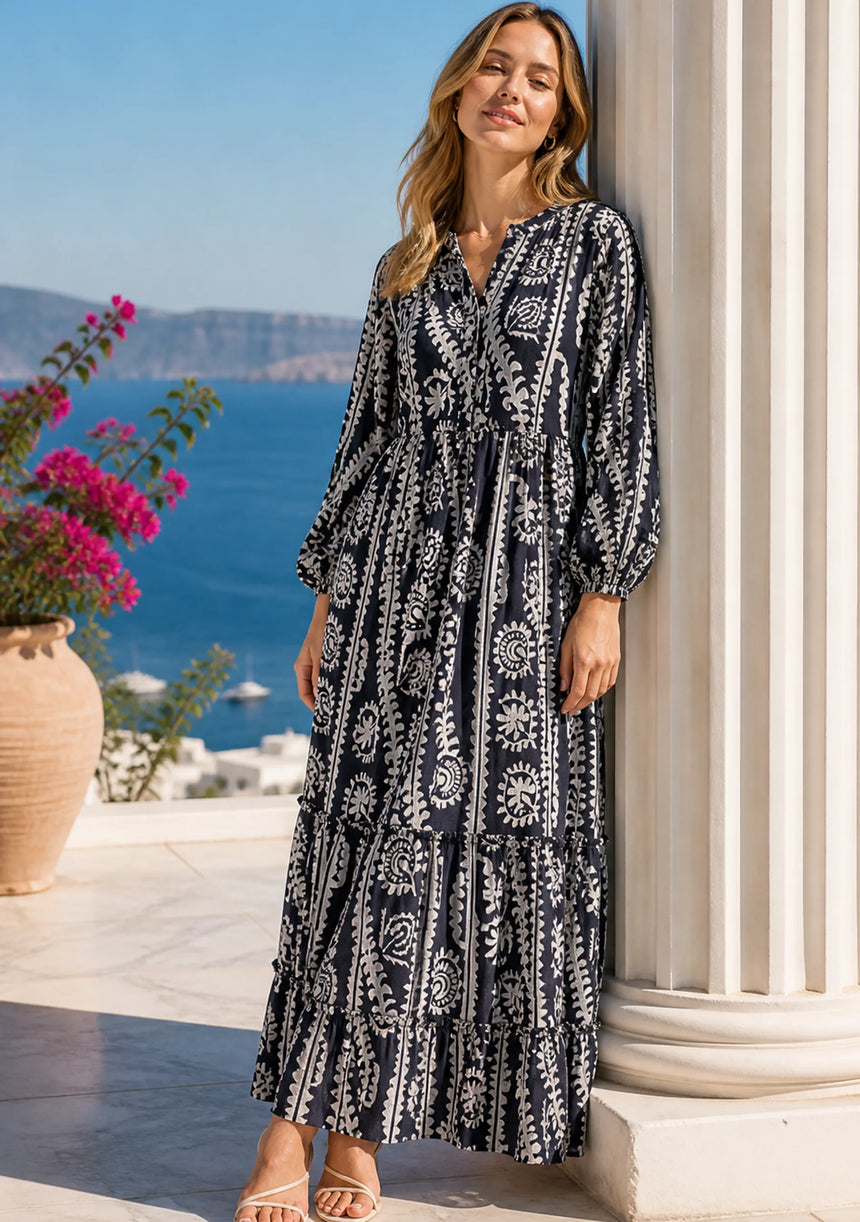 Maxivestido de algodón con cuello en V para mujer - Asheer