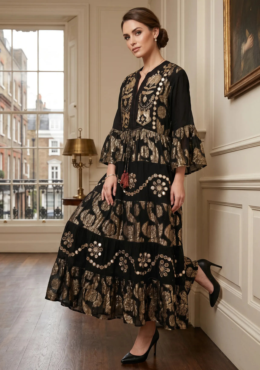 ibBan Luxury Black Beaded & Hand Embroidered Maxi Dress for Women -Zehra