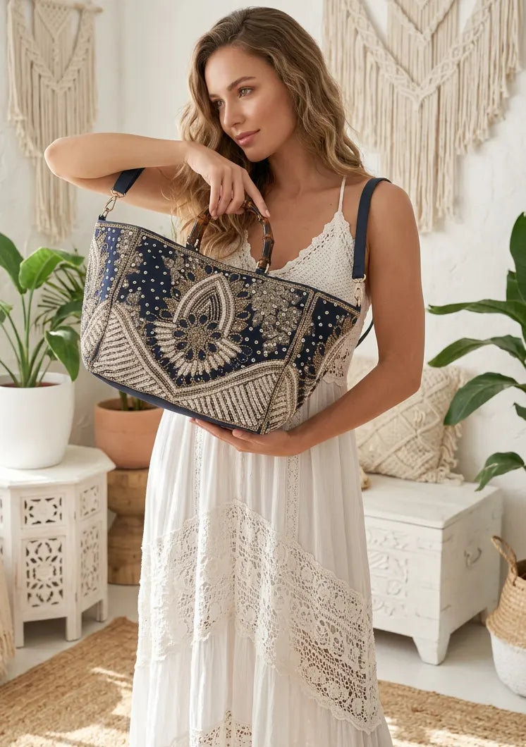 ibBan Hand Embroidered Tote Bag | Premium Cotton Canvas Designer - Vidha