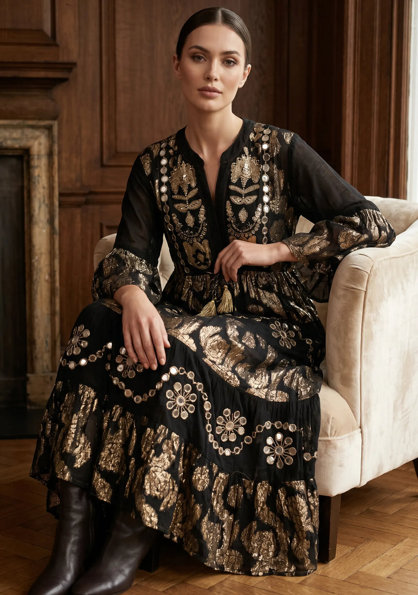 ibBan Luxury Black Beaded & Hand Embroidered Maxi Dress for Women -Zehra